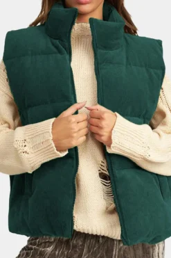 Fashion Dear-Lover Corduroy Stand Neck Zipped Puffer Vest Jungle Green