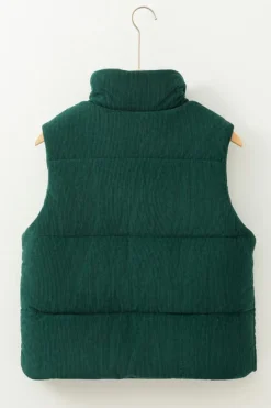 Fashion Dear-Lover Corduroy Stand Neck Zipped Puffer Vest Jungle Green