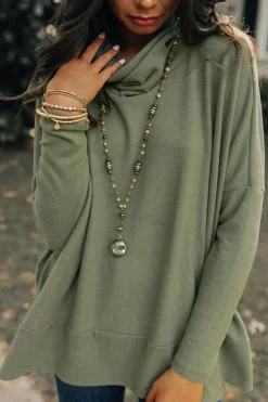 Clearance Dear-Lover Cowl Neck Shift Tunic Top Jungle Green