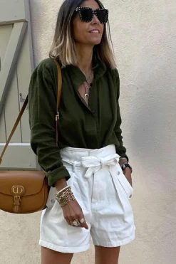 Outlet Dear-Lover Crinkle Textured Button Up Long Sleeve Shirt Jungle Green