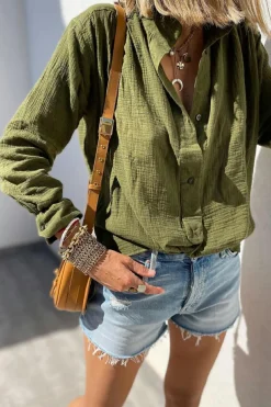Outlet Dear-Lover Crinkle Textured Button Up Long Sleeve Shirt Jungle Green