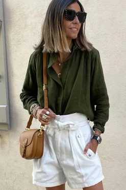Outlet Dear-Lover Crinkle Textured Button Up Long Sleeve Shirt Jungle Green
