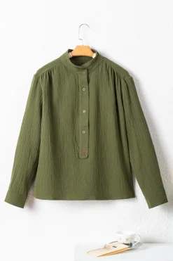 Outlet Dear-Lover Crinkle Textured Button Up Long Sleeve Shirt Jungle Green