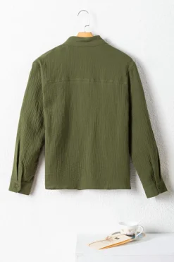 Outlet Dear-Lover Crinkle Textured Button Up Long Sleeve Shirt Jungle Green