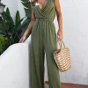 Clearance Dear-Lover Deep V Pleated Crisscross Wide Leg Backless Jumpsuit Jungle Green