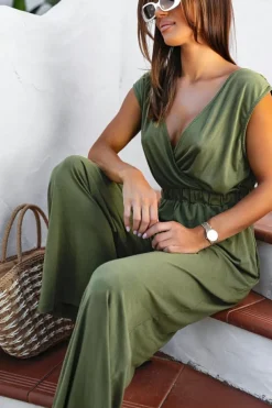 Clearance Dear-Lover Deep V Pleated Crisscross Wide Leg Backless Jumpsuit Jungle Green