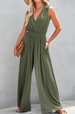 Clearance Dear-Lover Deep V Pleated Crisscross Wide Leg Backless Jumpsuit Jungle Green