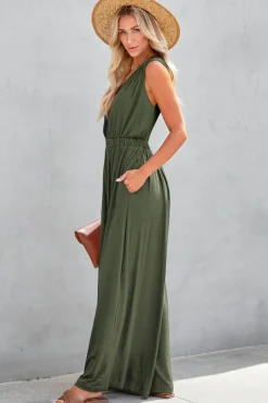 Clearance Dear-Lover Deep V Pleated Crisscross Wide Leg Backless Jumpsuit Jungle Green