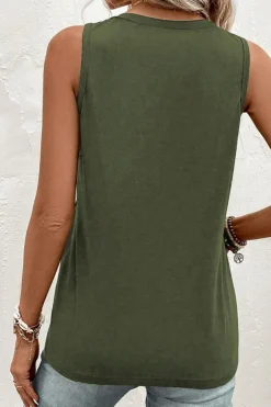 Sale Dear-Lover Half Button V Neck Patched Pocket Tank Top Jungle Green