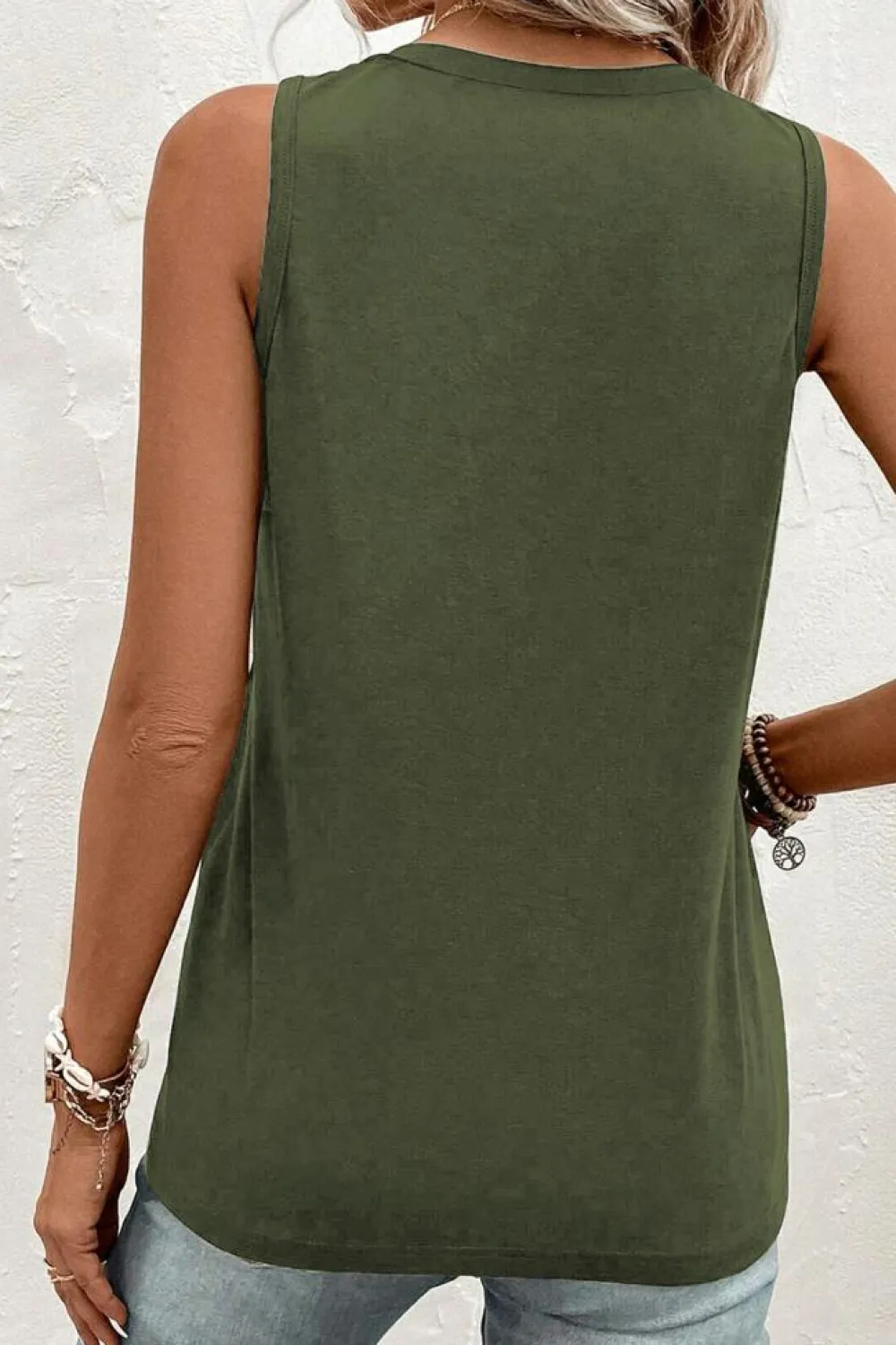 Sale Dear-Lover Half Button V Neck Patched Pocket Tank Top Jungle Green