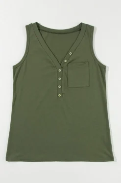 Sale Dear-Lover Half Button V Neck Patched Pocket Tank Top Jungle Green