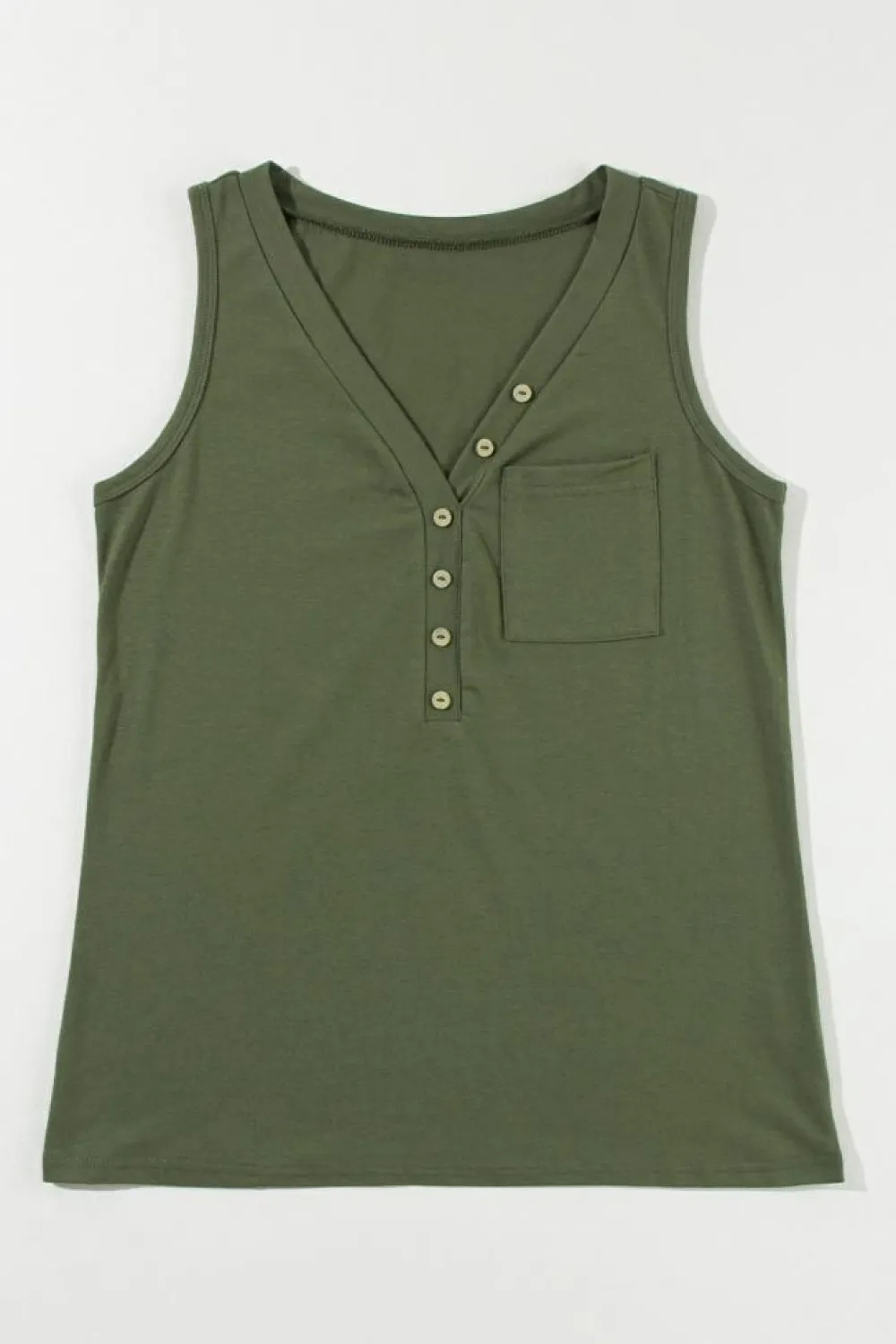 Sale Dear-Lover Half Button V Neck Patched Pocket Tank Top Jungle Green