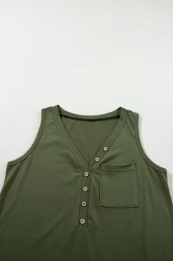 Sale Dear-Lover Half Button V Neck Patched Pocket Tank Top Jungle Green