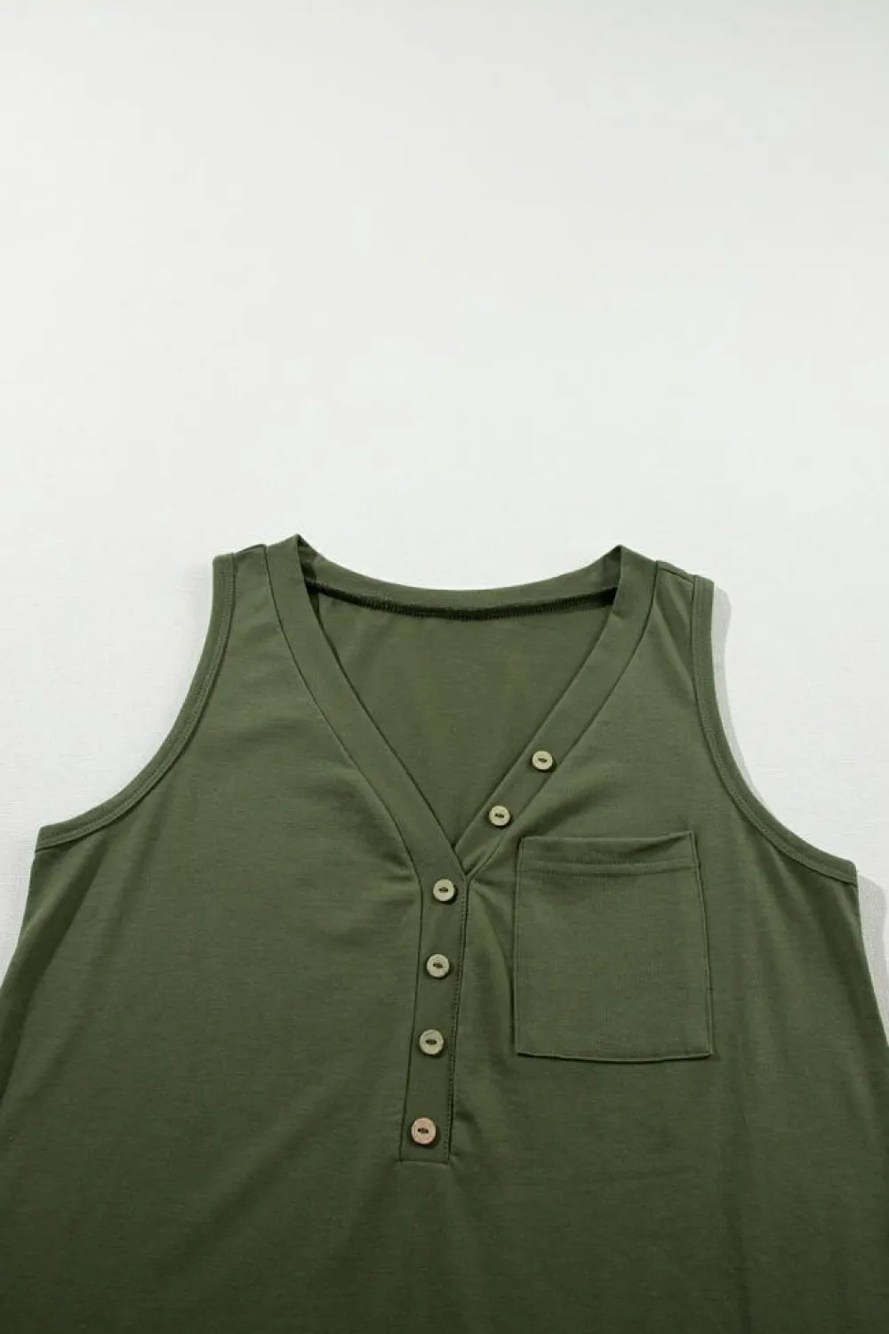 Sale Dear-Lover Half Button V Neck Patched Pocket Tank Top Jungle Green