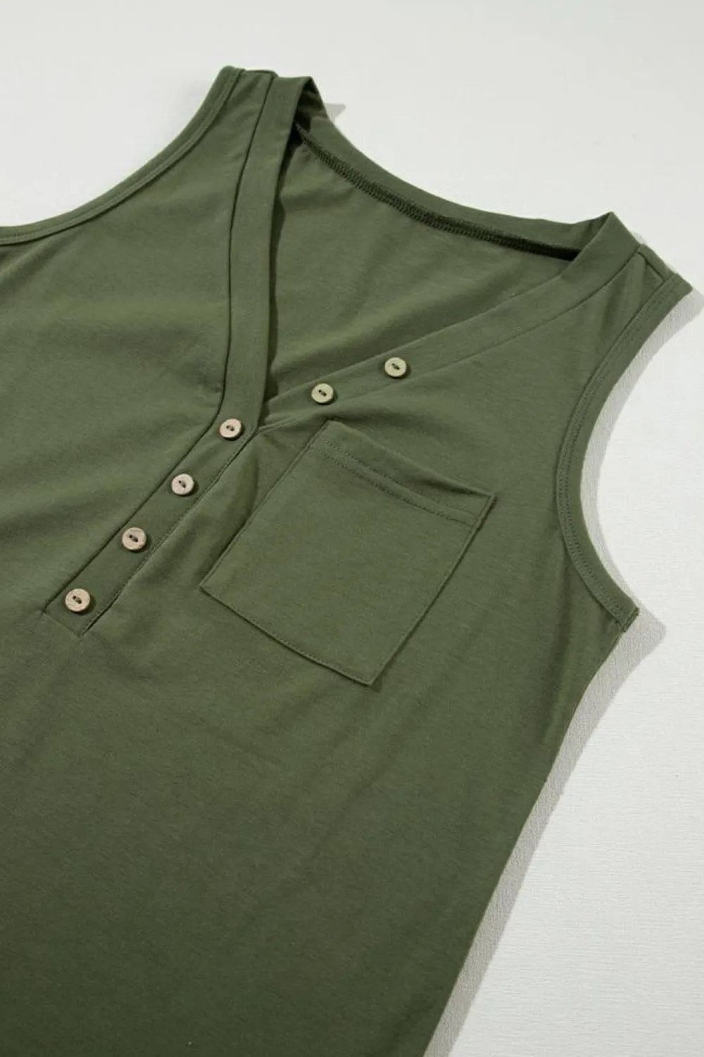 Sale Dear-Lover Half Button V Neck Patched Pocket Tank Top Jungle Green