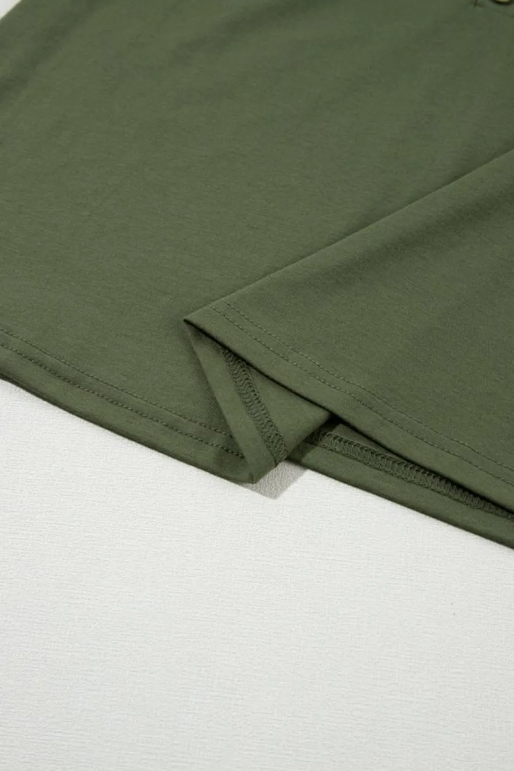 Sale Dear-Lover Half Button V Neck Patched Pocket Tank Top Jungle Green