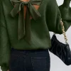 Online Dear-Lover Lantern Sleeve V Neck Knot Back Sweater Jungle Green