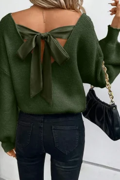 Online Dear-Lover Lantern Sleeve V Neck Knot Back Sweater Jungle Green