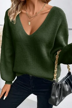 Online Dear-Lover Lantern Sleeve V Neck Knot Back Sweater Jungle Green