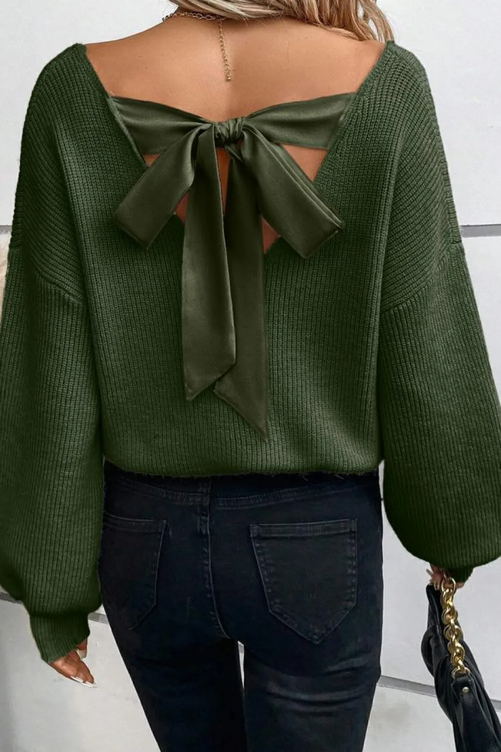 Online Dear-Lover Lantern Sleeve V Neck Knot Back Sweater Jungle Green