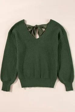 Online Dear-Lover Lantern Sleeve V Neck Knot Back Sweater Jungle Green