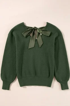 Online Dear-Lover Lantern Sleeve V Neck Knot Back Sweater Jungle Green