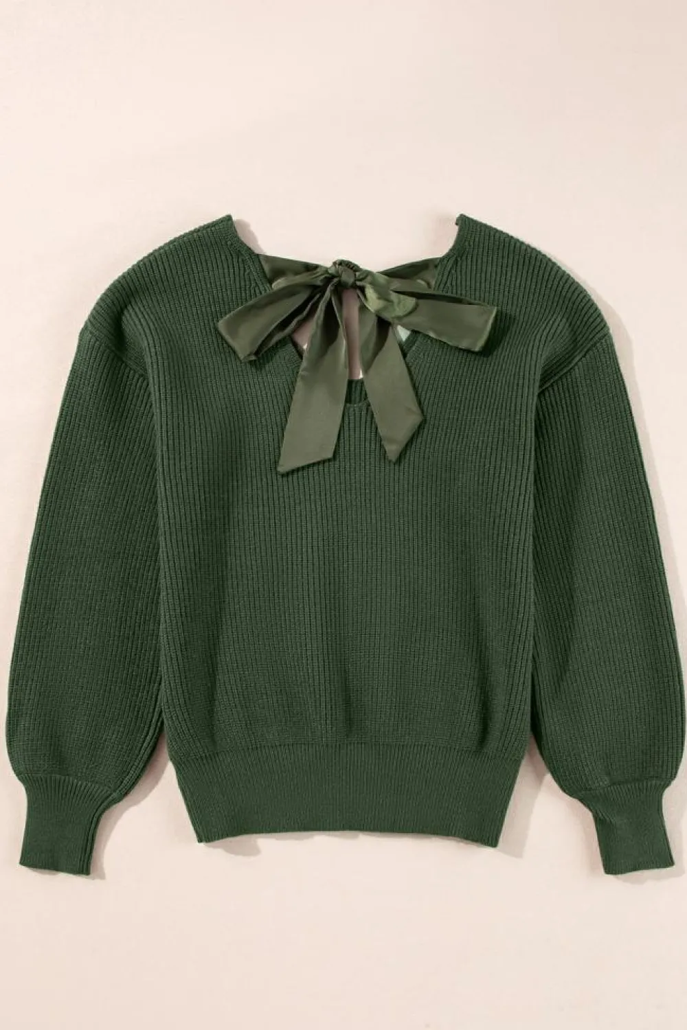 Online Dear-Lover Lantern Sleeve V Neck Knot Back Sweater Jungle Green