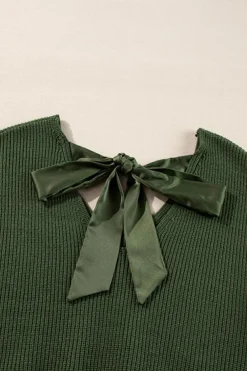 Online Dear-Lover Lantern Sleeve V Neck Knot Back Sweater Jungle Green