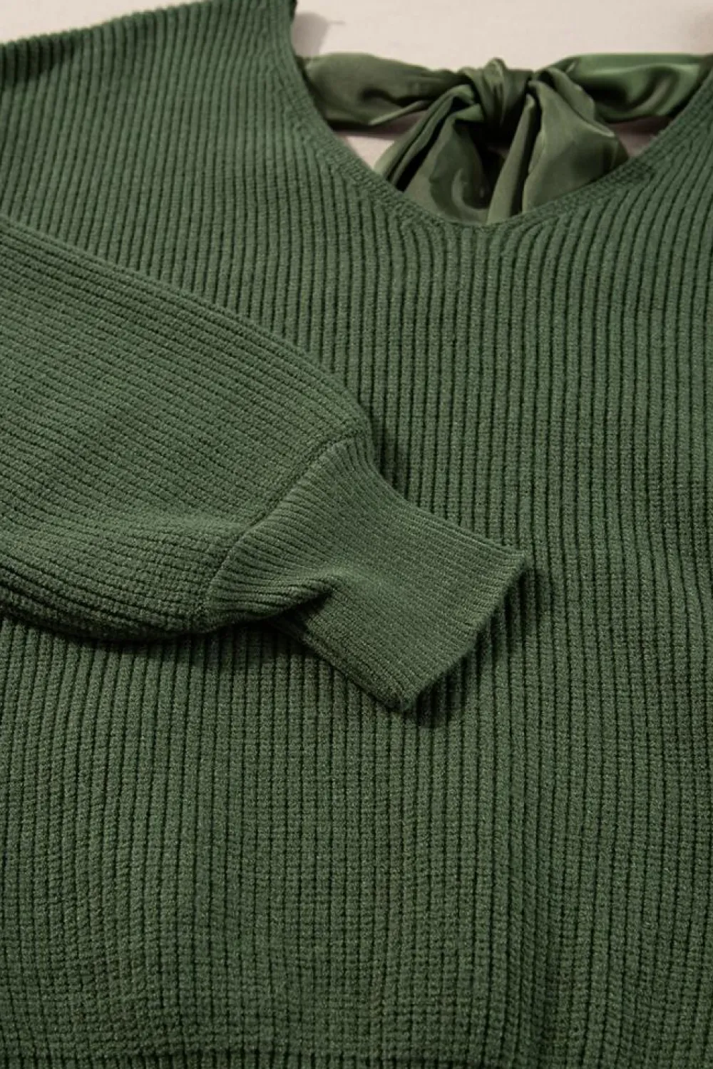 Online Dear-Lover Lantern Sleeve V Neck Knot Back Sweater Jungle Green