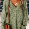 Fashion Dear-Lover Loose Eyelet V Neck Drop Shoulder Sweater Jungle Green