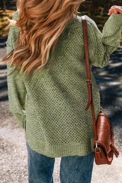 Fashion Dear-Lover Loose Eyelet V Neck Drop Shoulder Sweater Jungle Green