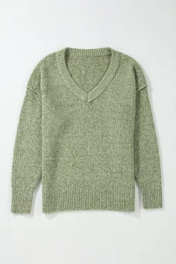 Fashion Dear-Lover Loose Eyelet V Neck Drop Shoulder Sweater Jungle Green