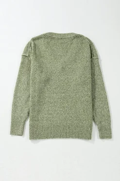 Fashion Dear-Lover Loose Eyelet V Neck Drop Shoulder Sweater Jungle Green