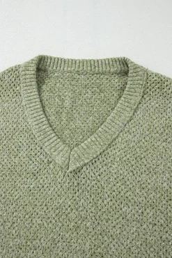 Fashion Dear-Lover Loose Eyelet V Neck Drop Shoulder Sweater Jungle Green