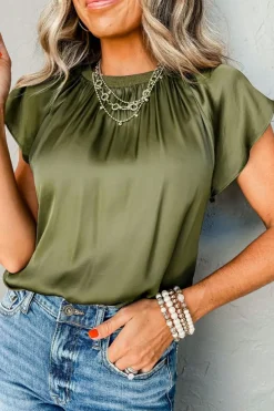 New Dear-Lover Pleated Flutter Sleeve Satin Top Jungle Green