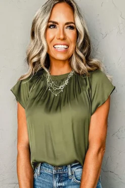 New Dear-Lover Pleated Flutter Sleeve Satin Top Jungle Green