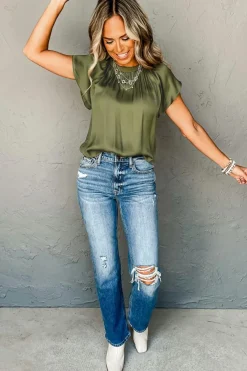 New Dear-Lover Pleated Flutter Sleeve Satin Top Jungle Green