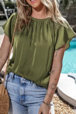 New Dear-Lover Pleated Flutter Sleeve Satin Top Jungle Green