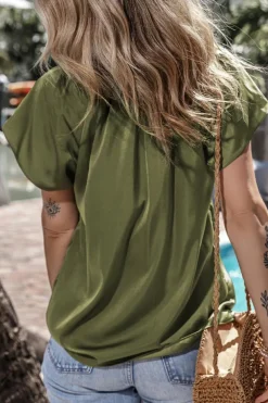 New Dear-Lover Pleated Flutter Sleeve Satin Top Jungle Green