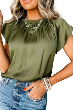 New Dear-Lover Pleated Flutter Sleeve Satin Top Jungle Green