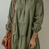Best Dear-Lover Puff Sleeve Buttoned Tiered Pleated Shirt Mini Dress Jungle Green