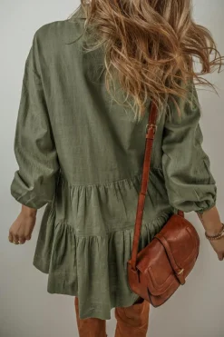 Best Dear-Lover Puff Sleeve Buttoned Tiered Pleated Shirt Mini Dress Jungle Green