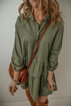 Best Dear-Lover Puff Sleeve Buttoned Tiered Pleated Shirt Mini Dress Jungle Green