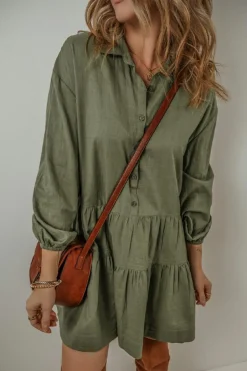 Best Dear-Lover Puff Sleeve Buttoned Tiered Pleated Shirt Mini Dress Jungle Green
