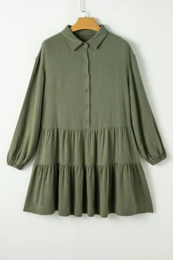 Best Dear-Lover Puff Sleeve Buttoned Tiered Pleated Shirt Mini Dress Jungle Green
