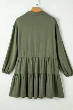 Best Dear-Lover Puff Sleeve Buttoned Tiered Pleated Shirt Mini Dress Jungle Green