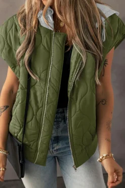 Outlet Dear-Lover Quilted Drawstring Hooded Zip Up Puffer Vest Jungle Green