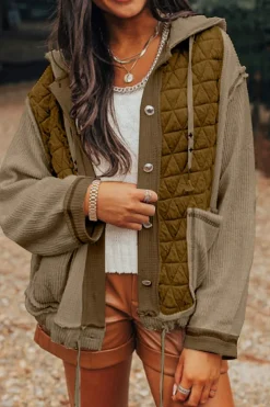 Discount Dear-Lover Quilted Textured Patchwork Loose Fit Hooded Jacket Jungle Green
