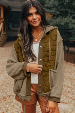 Discount Dear-Lover Quilted Textured Patchwork Loose Fit Hooded Jacket Jungle Green