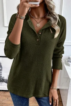 Online Dear-Lover Rib Textured Henley Knit Top Jungle Green